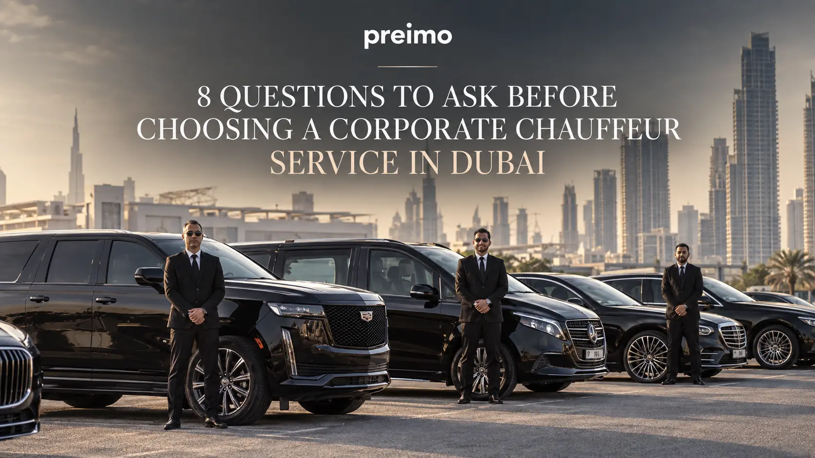 Three professional chauffeurs standing beside a row of luxury vehicles in Dubai, with the city skyline in the background.